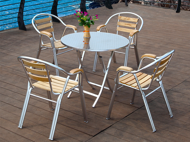 Wholesale round aluminium folding table with 4 wooden seat chairs